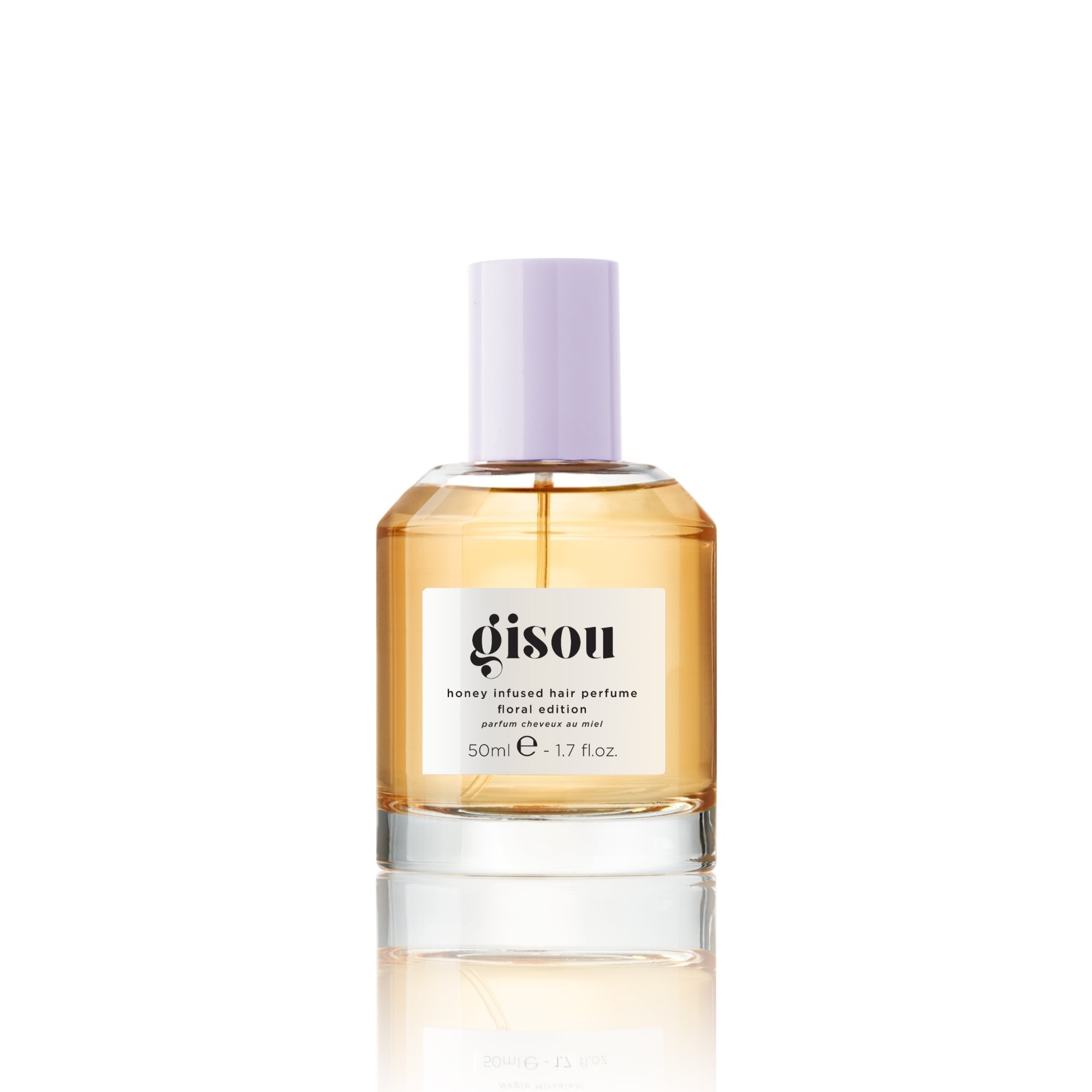 Gisou Honey Infused Hair Perfume in a 50ml bottle with a lavender cap, filled with golden honey‑toned fragrance.