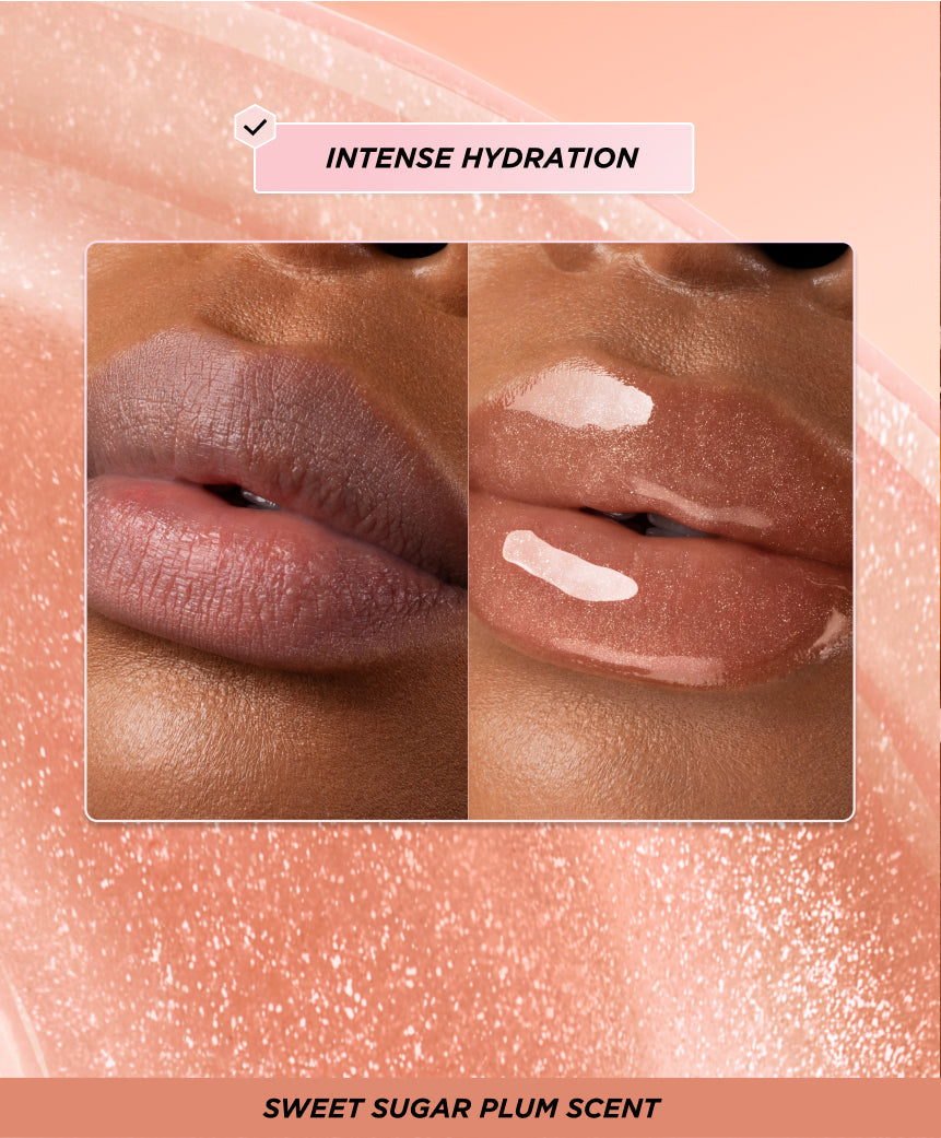 Before and after lip oil application.