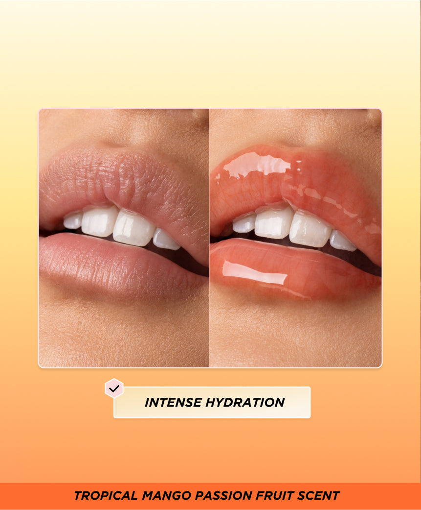 Before and after lip oil application.