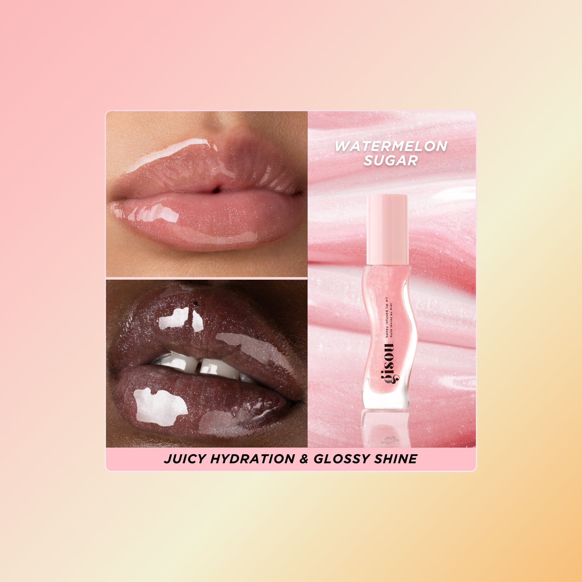Pink lip oil swatch on two skin tones.