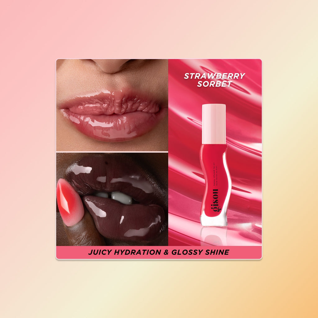 Strawberry lip oil swatch on two skin tones.