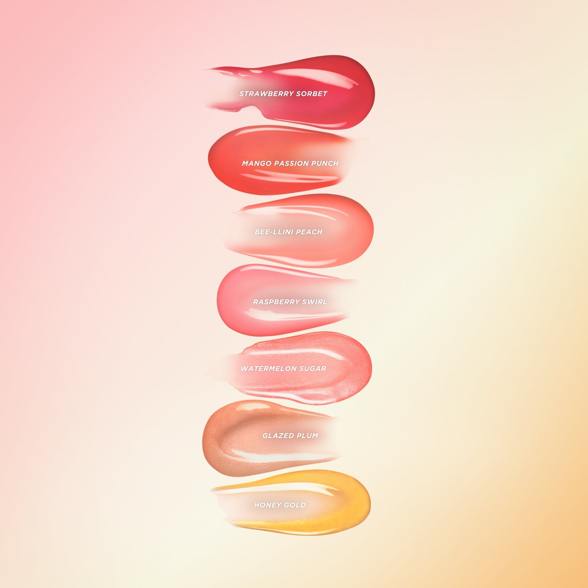 Seven different lip oil swatches from darkest to lightest.