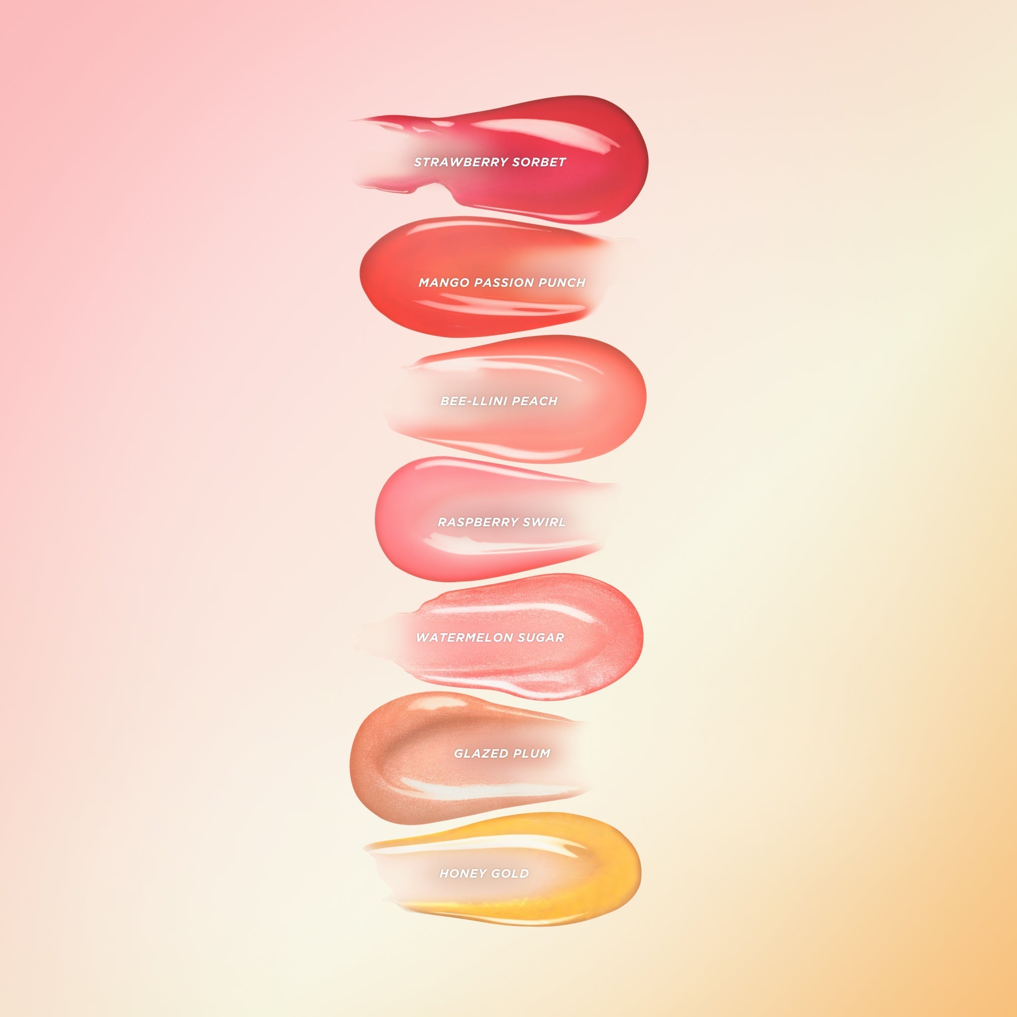 Seven different Gisou lip oil swatches.