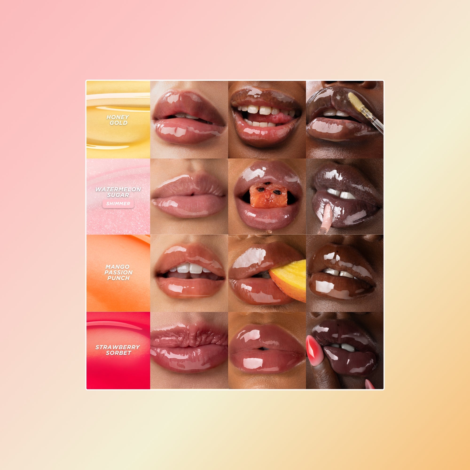Lip oil swatches on different skin tones.