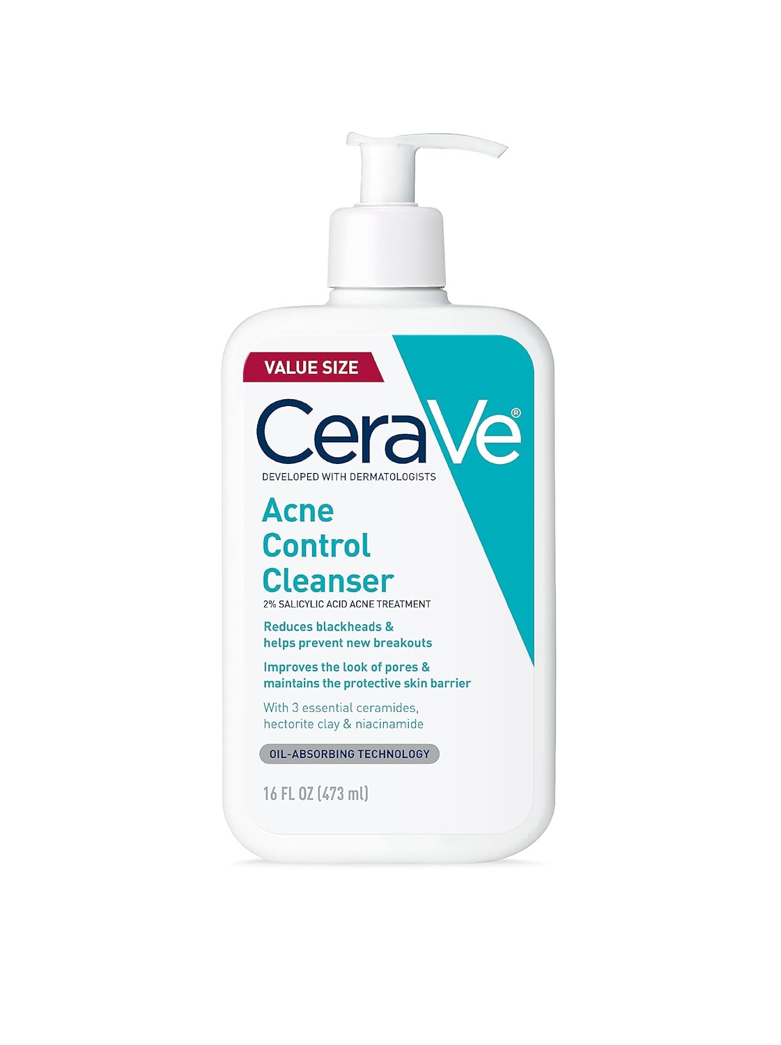 CeraVe Acne Control Cleanser, Face Wash with 2% Salicylic Acid, 16 oz | Skin Care with Niacinamide, Acne Face Wash, Acne Treatment For Face, Ceramides, Fragrance Free, Gentle, Oil Absorbing Clay