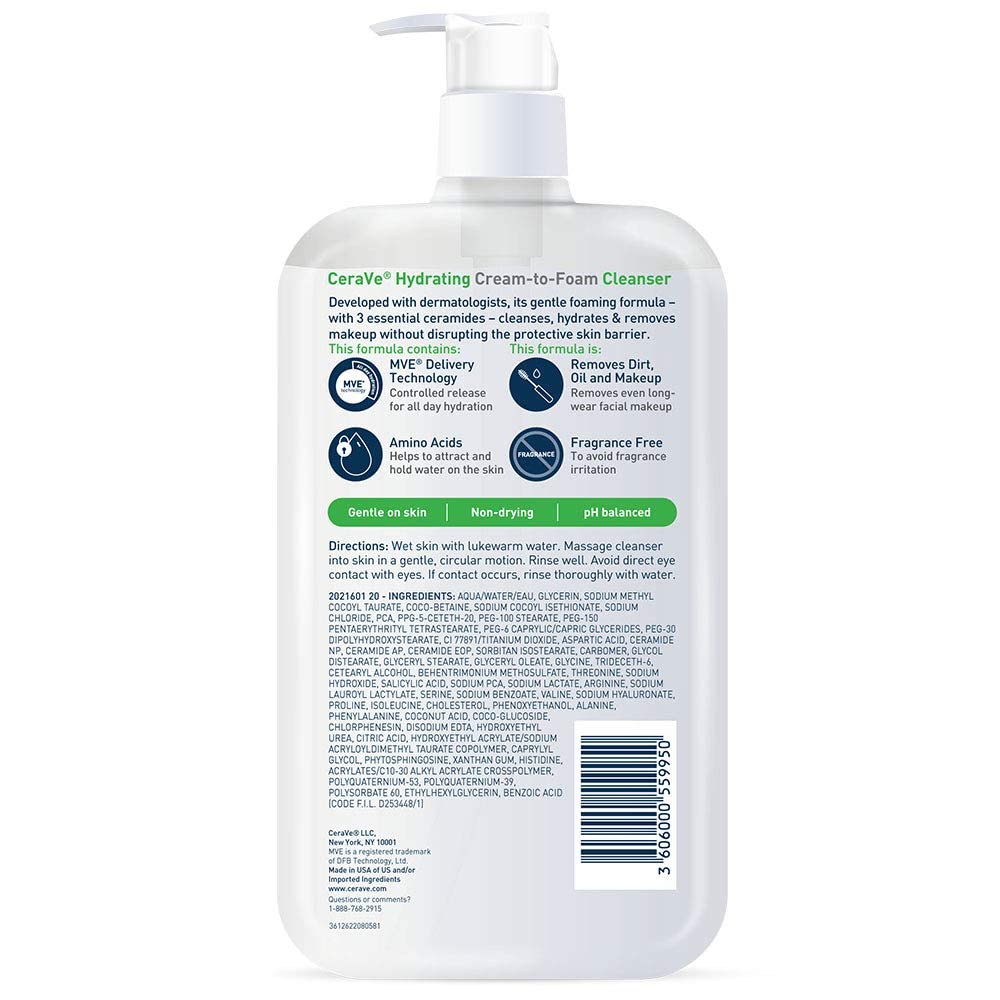 CeraVe Hydrating Cream To Foam Cleanser, Face Wash for Dry Skin, 19oz | Skin Care with Hyaluronic Acid, Makeup Remover, Facial Cleanser, Fragrance-Free, Non-Comedogenic, For Normal To Dry Skin
