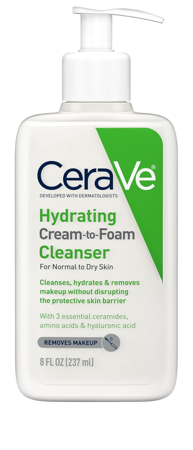 CeraVe Hydrating Cream To Foam Cleanser, Face Wash for Dry Skin, 8oz | Skin Care with Hyaluronic Acid, Makeup Remover, Facial Cleanser, Fragrance-Free, Non-Comedogenic, For Normal To Dry Skin