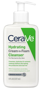 CeraVe Hydrating Cream To Foam Cleanser, Face Wash for Dry Skin, 8oz | Skin Care with Hyaluronic Acid, Makeup Remover, Facial Cleanser, Fragrance-Free, Non-Comedogenic, For Normal To Dry Skin