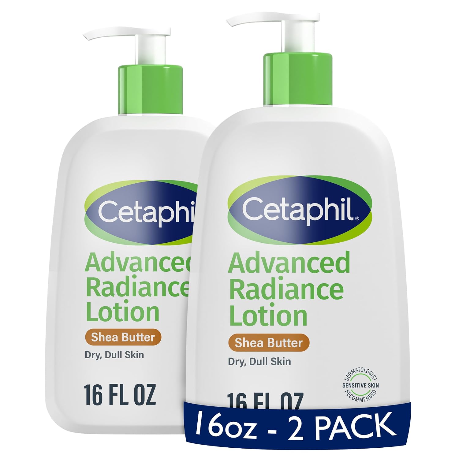 Cetaphil Advanced Radiance Body Lotion, Dry, Sensitive Skin, 16 oz, 2 ct | Body Lotion For Dry Skin, Fragrance Free, Hypoallergenic, Non-Comedogenic, Shea Butter, 2-Pack, Dermatologist Recommended