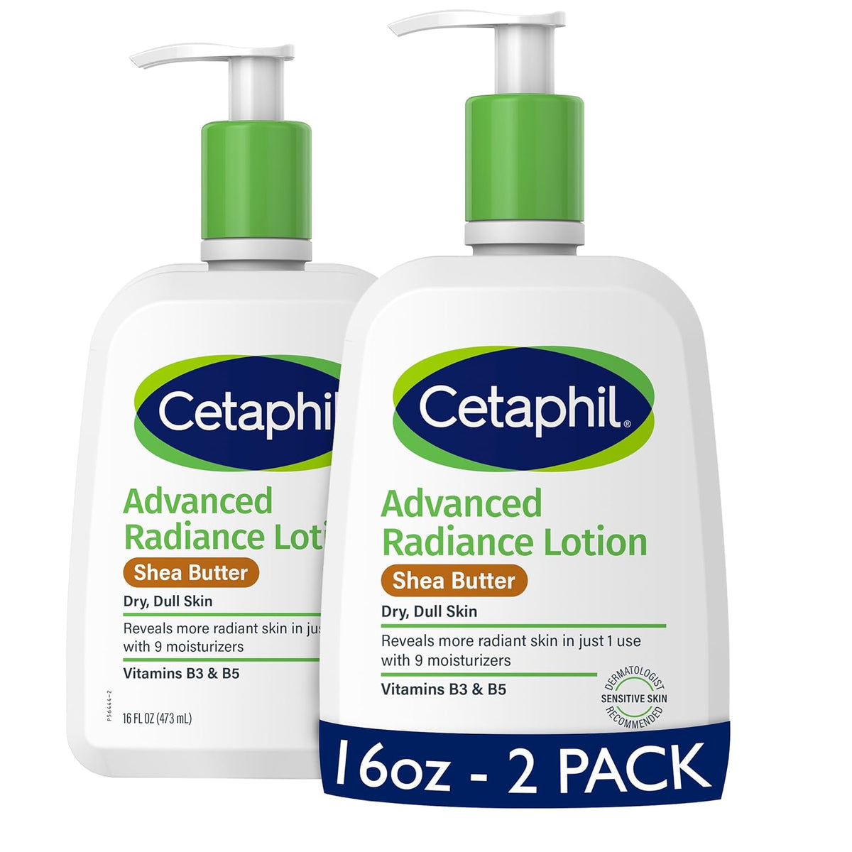 Cetaphil Advanced Radiance Body Lotion, Dry, Sensitive Skin, 16 oz, 2 ct | Body Lotion For Dry Skin, Fragrance Free, Hypoallergenic, Non-Comedogenic, Shea Butter, 2-Pack, Dermatologist Recommended