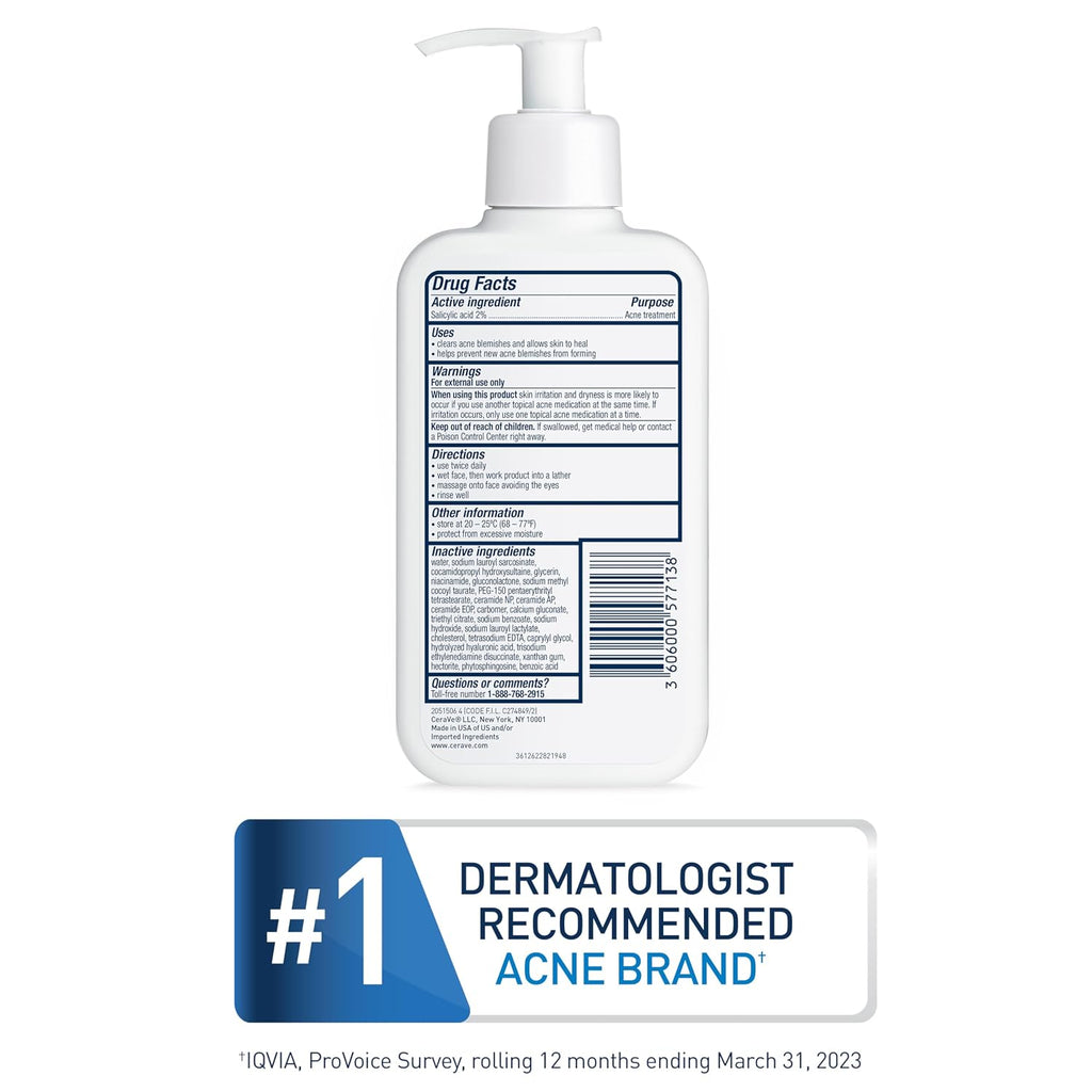 CeraVe Acne Control Cleanser, Face Wash with 2% Salicylic Acid, 16 oz | Skin Care with Niacinamide, Acne Face Wash, Acne Treatment For Face, Ceramides, Fragrance Free, Gentle, Oil Absorbing Clay