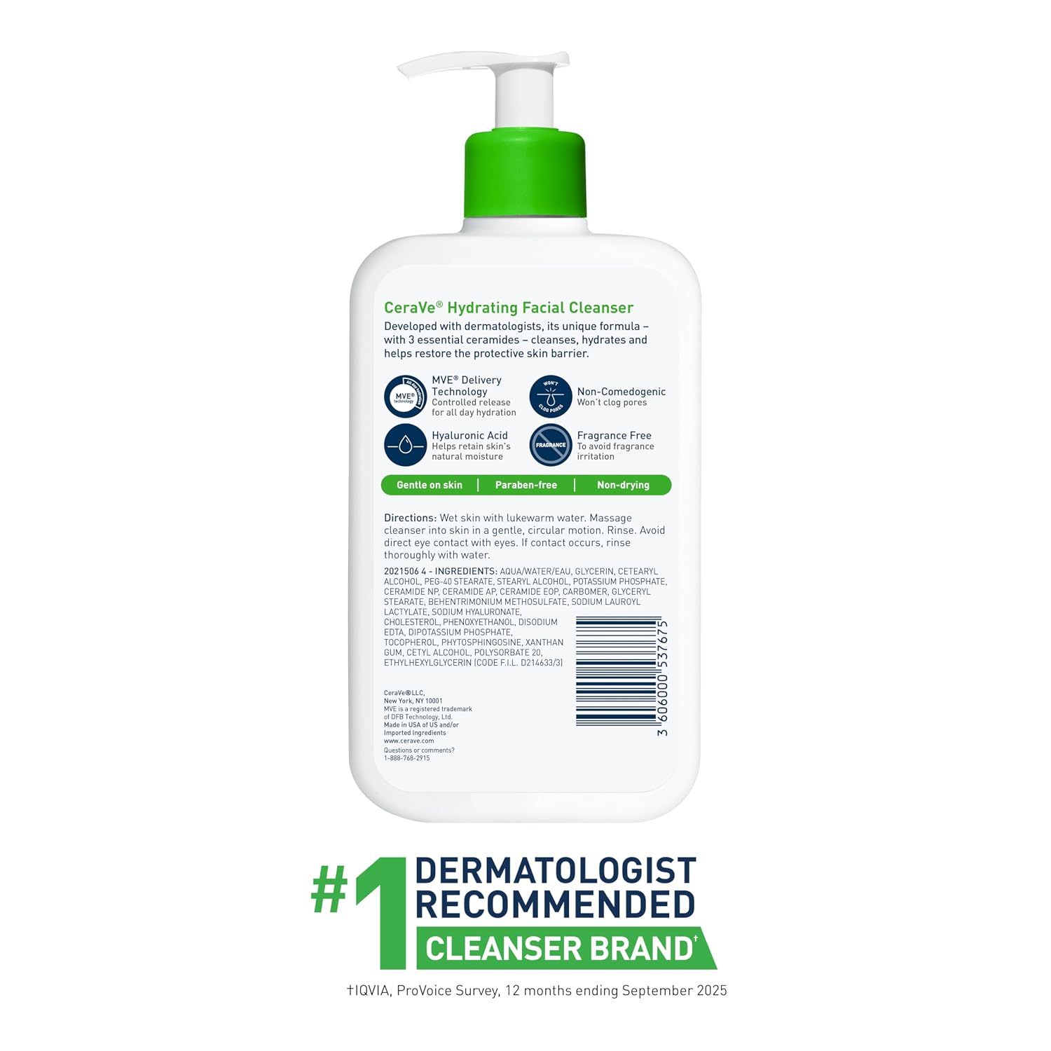 CeraVe Hydrating Cleanser with Hyaluronic Acid, Face Wash for Dry Skin,16oz | Skin Care For Men and Women, Daily Cleanser & Makeup Remover with Glycerin & Ceramides, National Eczema Association Certified