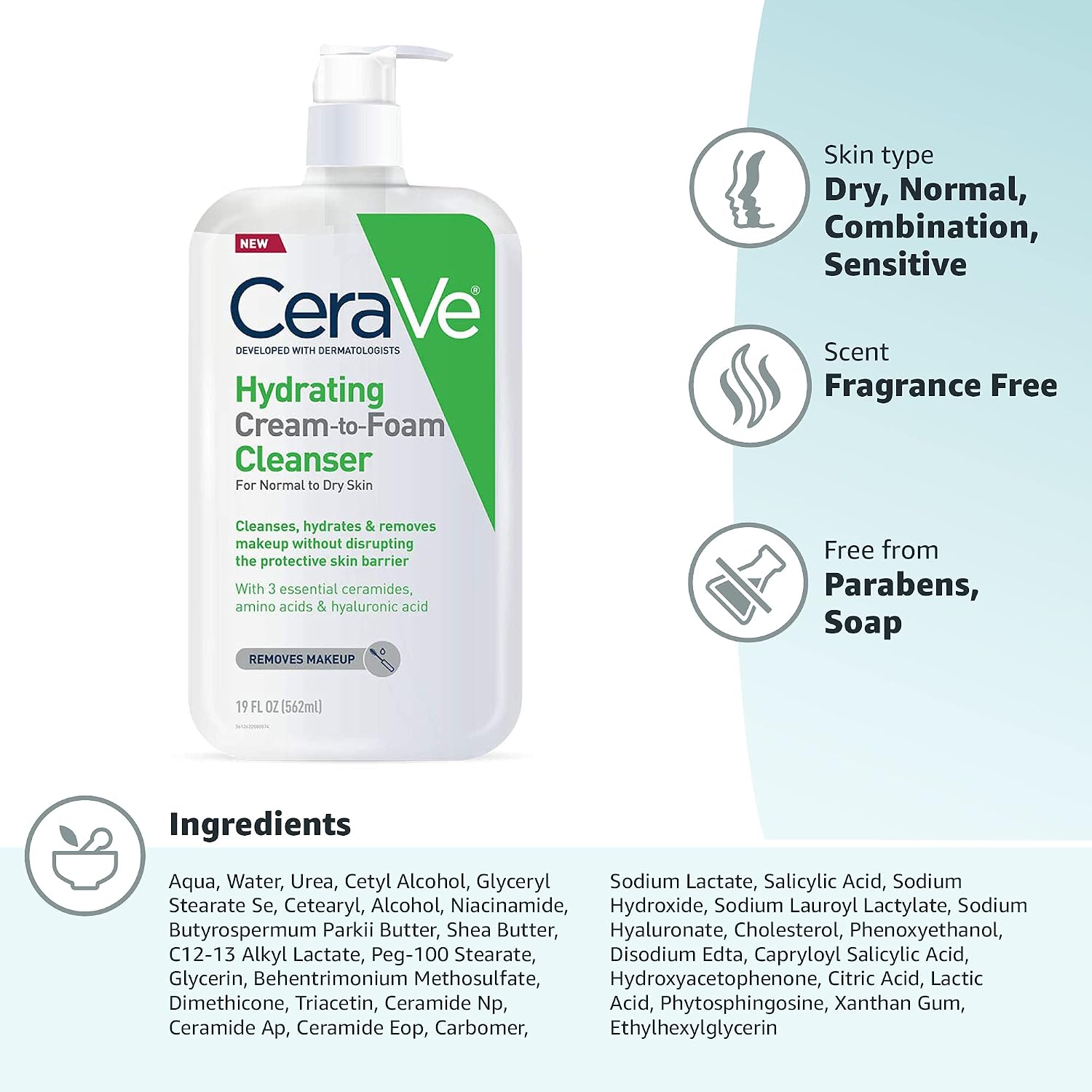CeraVe Hydrating Cream To Foam Cleanser, Face Wash for Dry Skin, 19oz | Skin Care with Hyaluronic Acid, Makeup Remover, Facial Cleanser, Fragrance-Free, Non-Comedogenic, For Normal To Dry Skin
