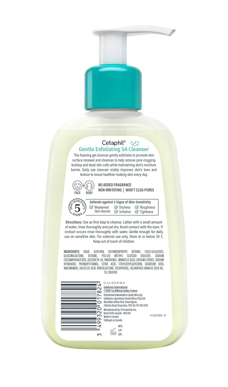 Cetaphil SA Gentle Exfoliating Face Wash, Salicylic Acid Cleanser, 8 fl oz | Foaming Face Wash, Salicylic Acid, Acne-Prone And Sensitive Skin, All Skin Types, Dermatologist Recommended, 8 Fl Oz Pump