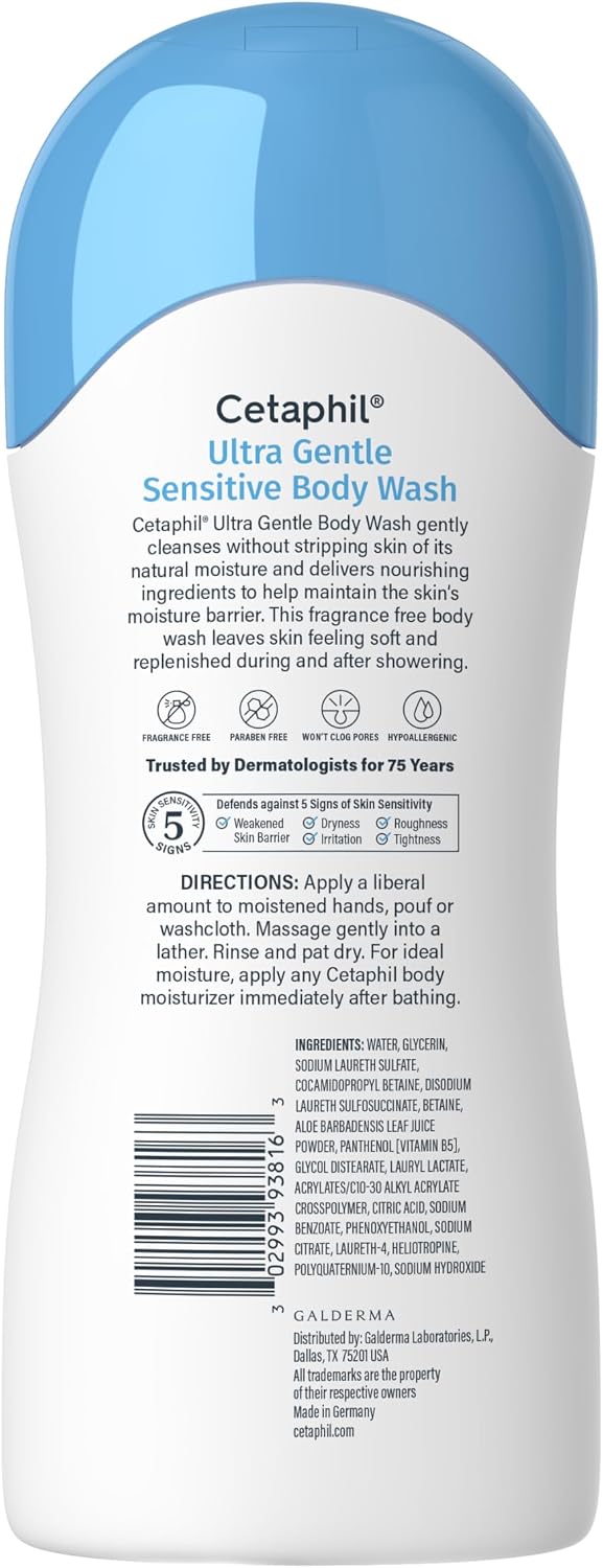 Cetaphil Ultra Gentle Refreshing Body Wash, Hypoallergenic, 16.9oz, 3ct | 3-Pack Value, Fragrance Free, Paraben Free, Hypoallergenic, Aloe Vera, Vitamin B5, Dry To Normal Skin, Dermatologist Tested