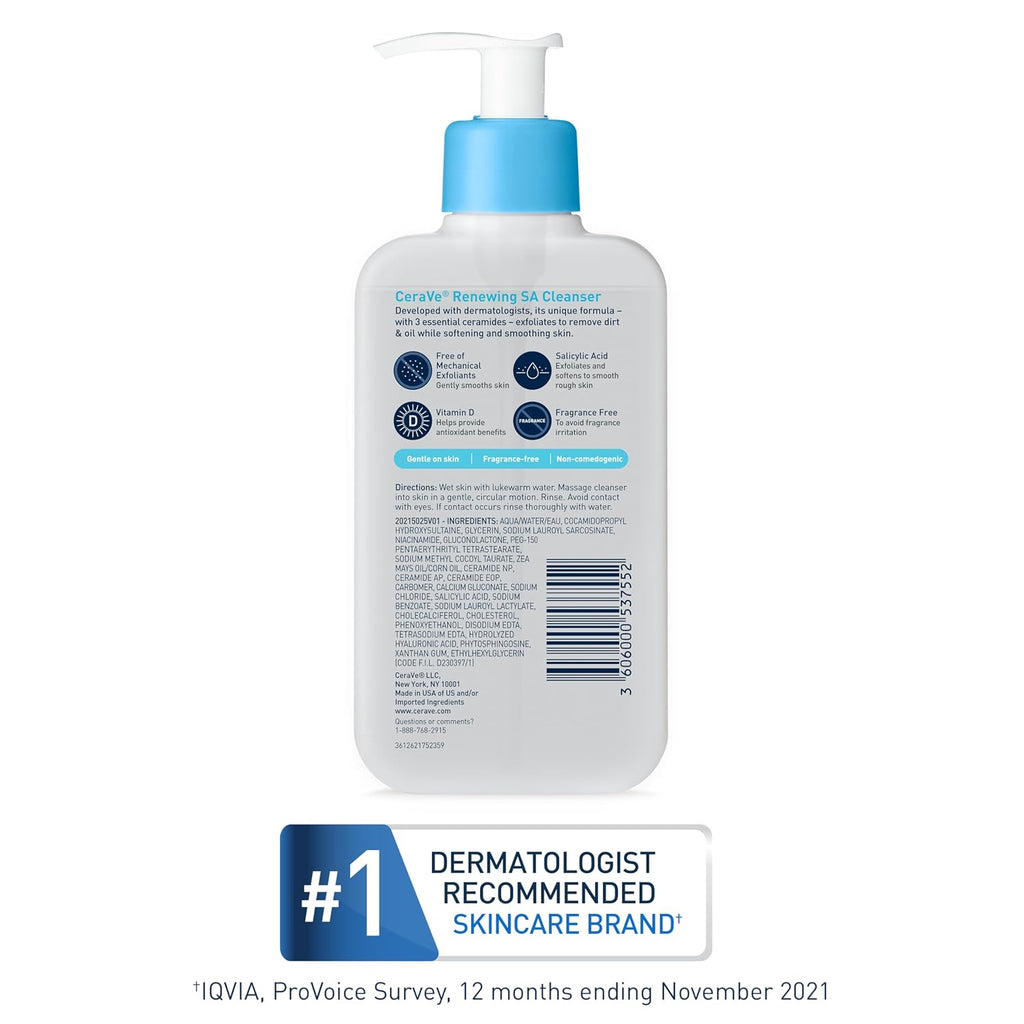 CeraVe Renewing Salicylic Acid Cleanser, BHA Exfoliating Face Wash, 16oz | Skin Care with Hyaluronic Acid & Niacinamide, Facial Cleanser, Face Cleanser, Ceramides, Fragrance Free, Non-Comedogenic