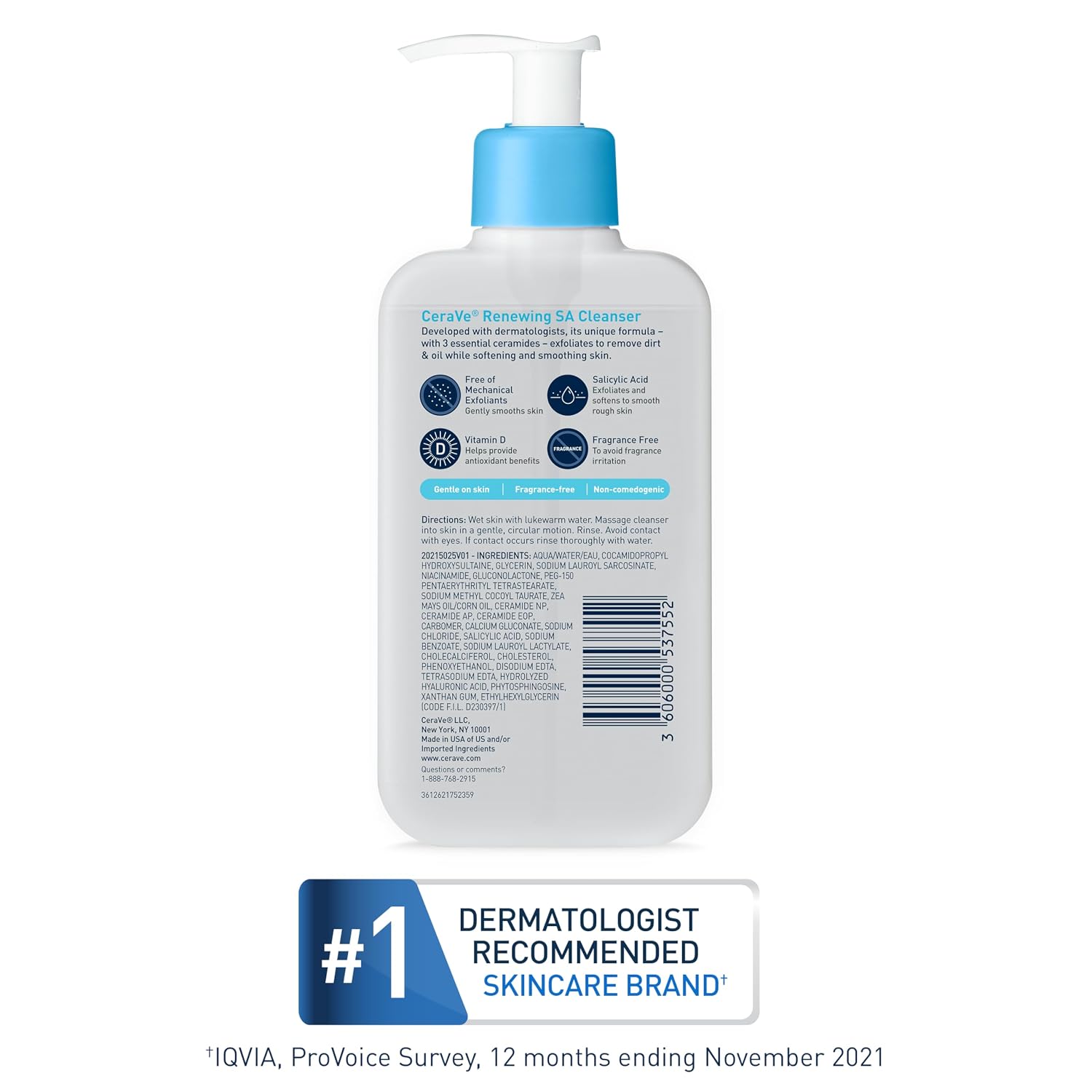 CeraVe Renewing Salicylic Acid Cleanser, BHA Exfoliating Face Wash, 16oz | Skin Care with Hyaluronic Acid & Niacinamide, Facial Cleanser, Face Cleanser, Ceramides, Fragrance Free, Non-Comedogenic