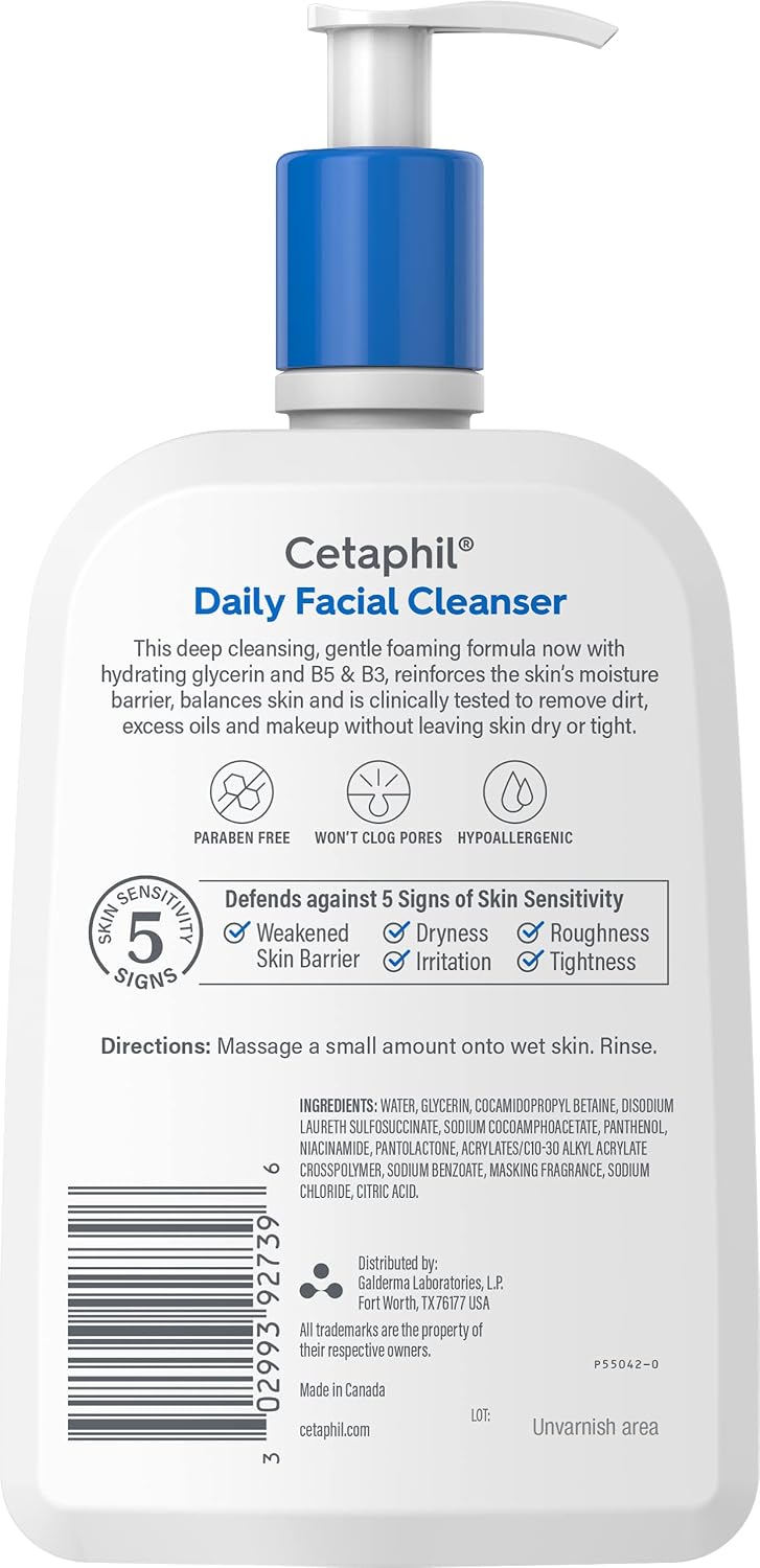Cetaphil Daily Facial Cleanser Sensitive & Oily Skin, 20 oz | Gentle foaming face wash, soap-free, hypoallergenic, combination to oily skin, dermatologist recommended, daily skincare