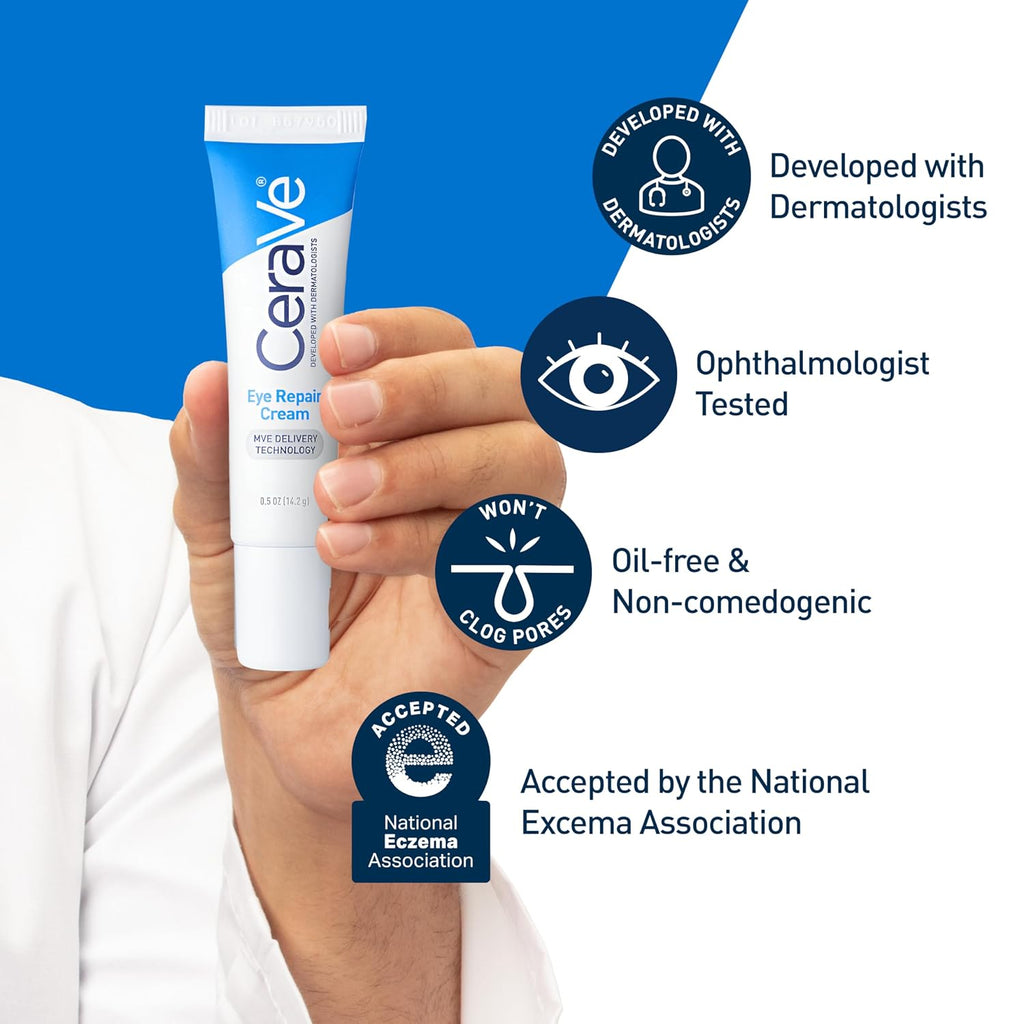 CeraVe Eye Repair Cream, Under Eye Cream for Puffiness and Bags, 0.5oz | Skin Care, Eye Cream, Hyaluronic Acid, Niacinamide, Marine Botanical Complex, Oil Free, Ophthalmologist Tested, Daily Use