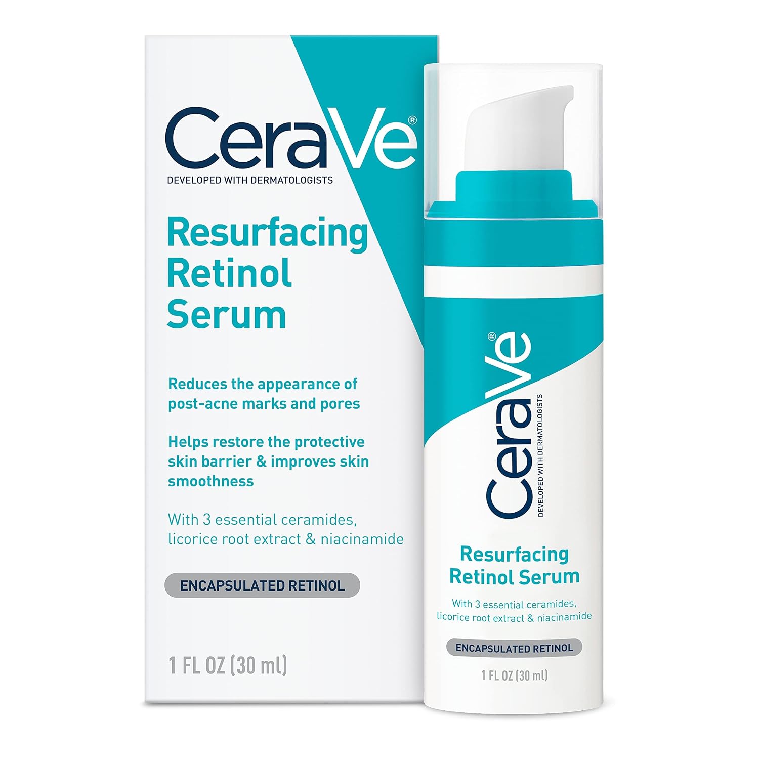 CeraVe Resurfacing Retinol Face Serum with Niacinamide, Pore Minimizer, 1oz | Skin Care Brightening Serum with Licorice Root, Acne Scar & Hyperpigmentation Treatment, Dark Spot Corrector, Skin Repair