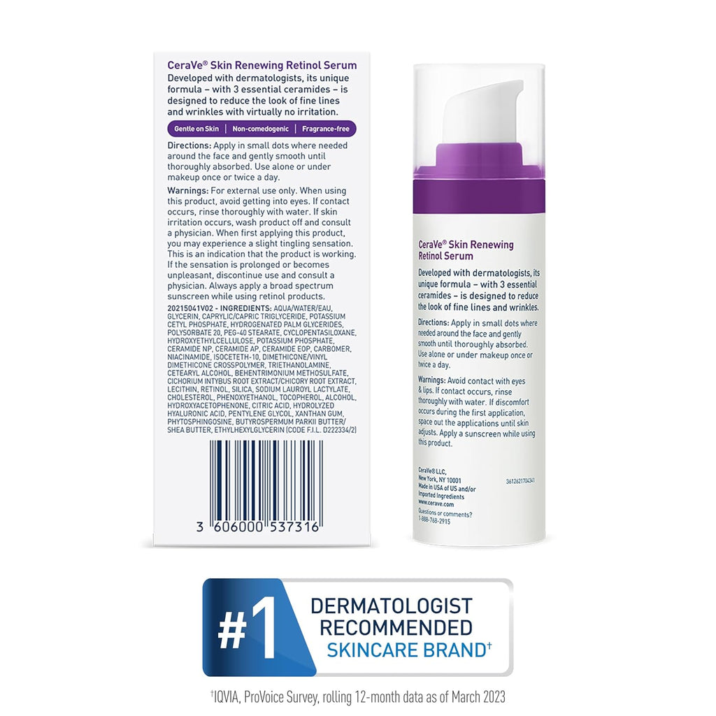 CeraVe Retinol Serum for Face with Niacinamide & Hyaluronic Acid, 1 oz | Skin Care, Brightening Serum, Anti Aging, Smooths Fine Lines and Wrinkles, Ceramides, Fragrance Free, Non-Comedogenic, Gentle