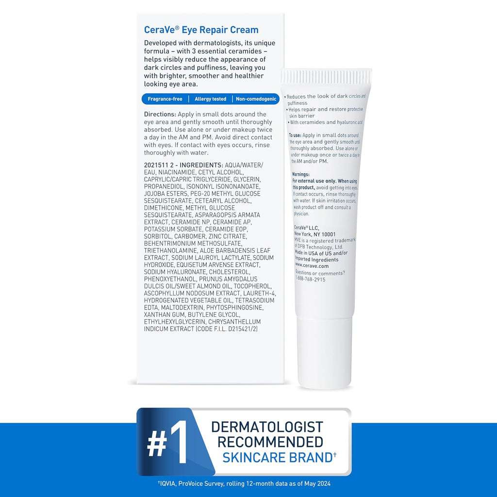 CeraVe Eye Repair Cream, Under Eye Cream for Puffiness and Bags, 0.5oz | Skin Care, Eye Cream, Hyaluronic Acid, Niacinamide, Marine Botanical Complex, Oil Free, Ophthalmologist Tested, Daily Use