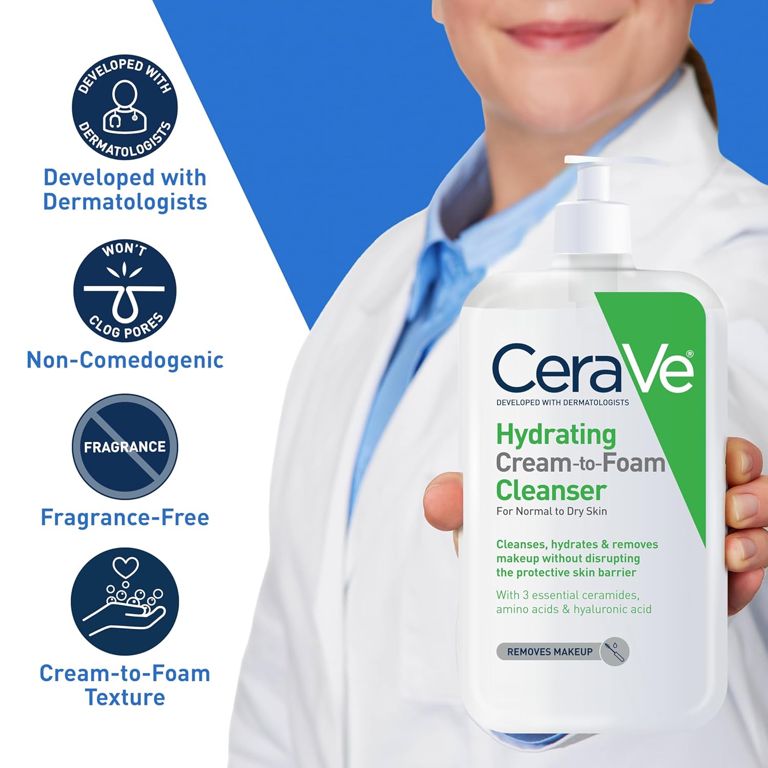 CeraVe Hydrating Cream To Foam Cleanser, Face Wash for Dry Skin, 8oz | Skin Care with Hyaluronic Acid, Makeup Remover, Facial Cleanser, Fragrance-Free, Non-Comedogenic, For Normal To Dry Skin