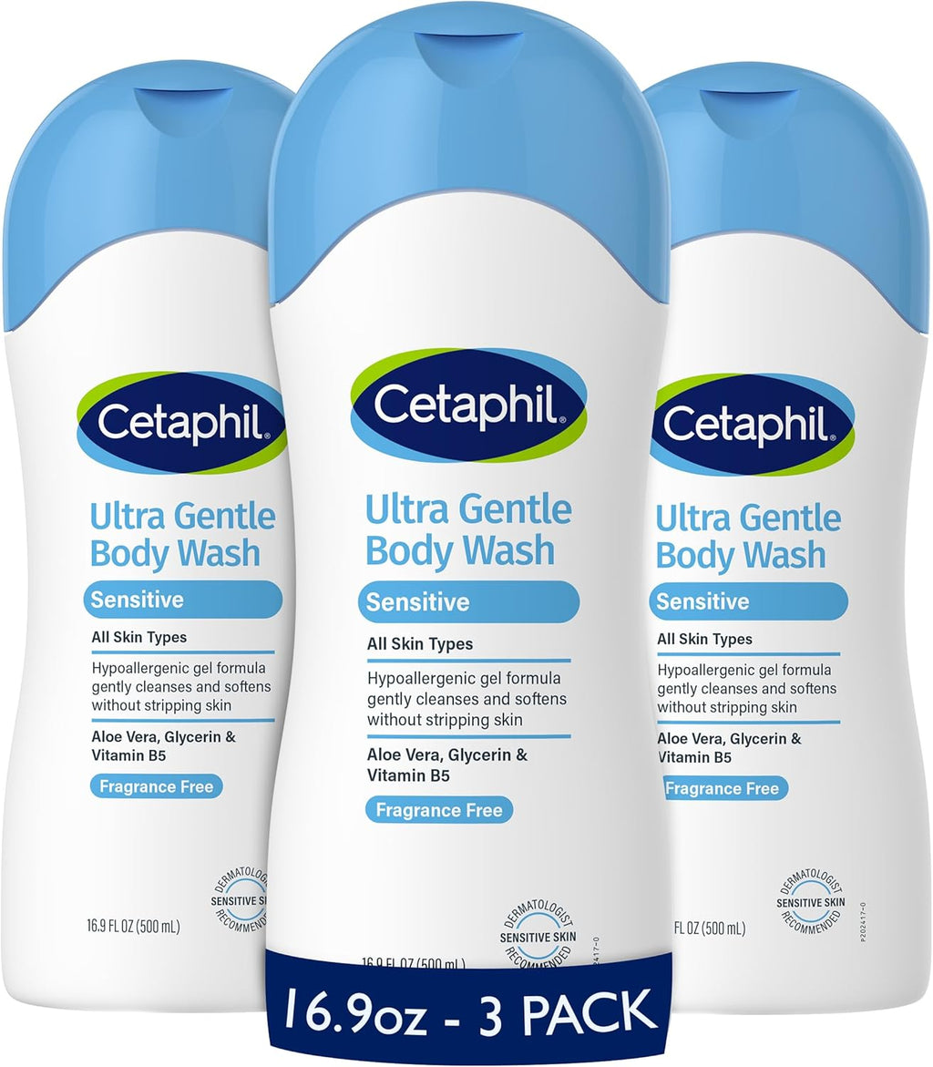 Cetaphil Ultra Gentle Refreshing Body Wash, Hypoallergenic, 16.9oz, 3ct | 3-Pack Value, Fragrance Free, Paraben Free, Hypoallergenic, Aloe Vera, Vitamin B5, Dry To Normal Skin, Dermatologist Tested