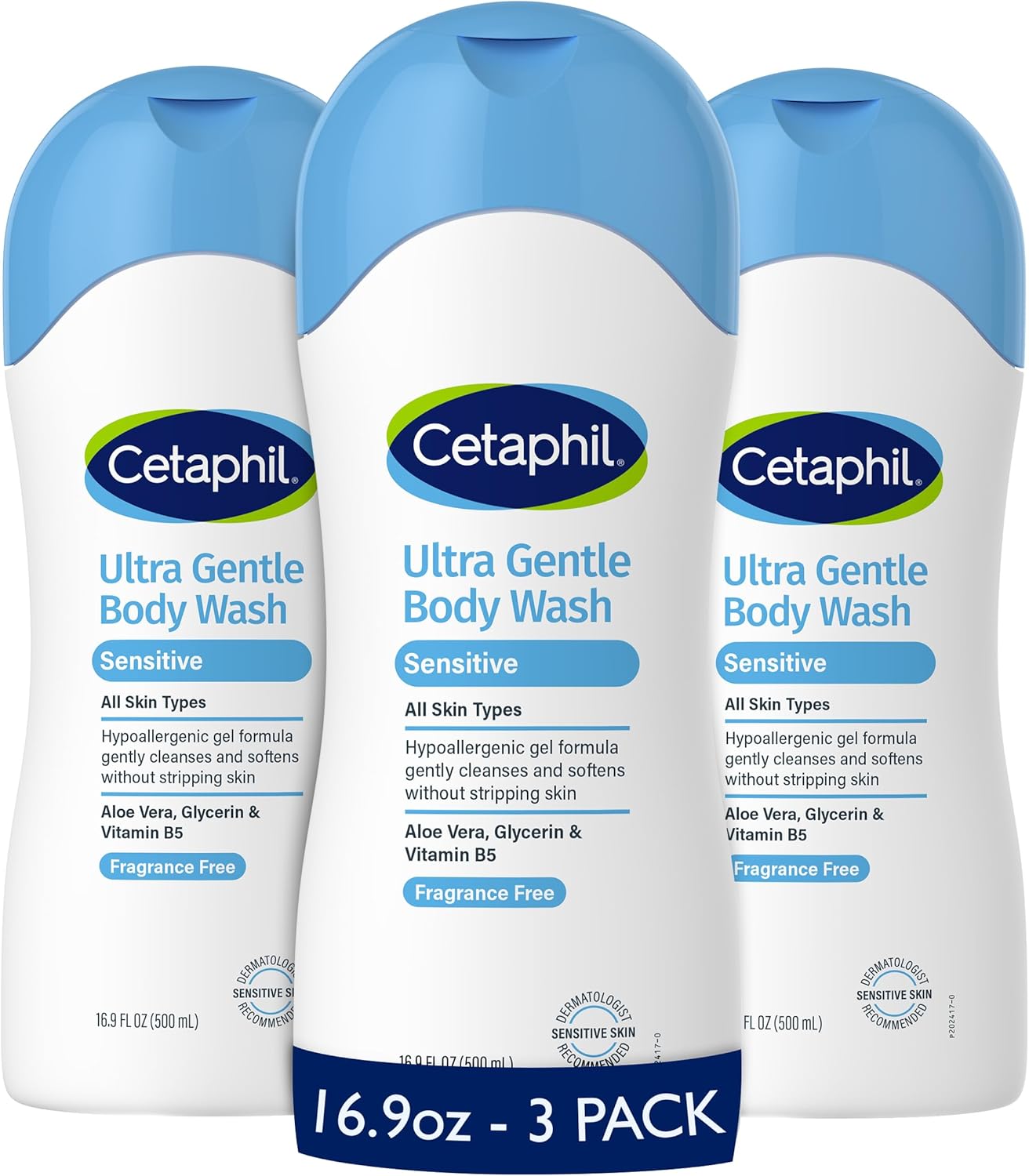 Cetaphil Ultra Gentle Refreshing Body Wash, Hypoallergenic, 16.9oz, 3ct | 3-Pack Value, Fragrance Free, Paraben Free, Hypoallergenic, Aloe Vera, Vitamin B5, Dry To Normal Skin, Dermatologist Tested