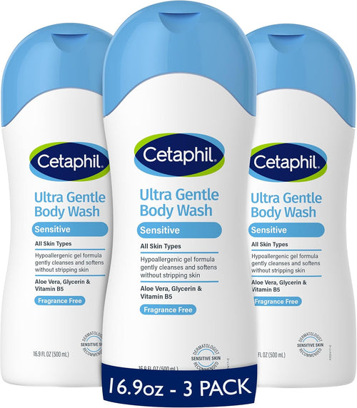 Cetaphil Ultra Gentle Refreshing Body Wash, Hypoallergenic, 16.9oz, 3ct | 3-Pack Value, Fragrance Free, Paraben Free, Hypoallergenic, Aloe Vera, Vitamin B5, Dry To Normal Skin, Dermatologist Tested