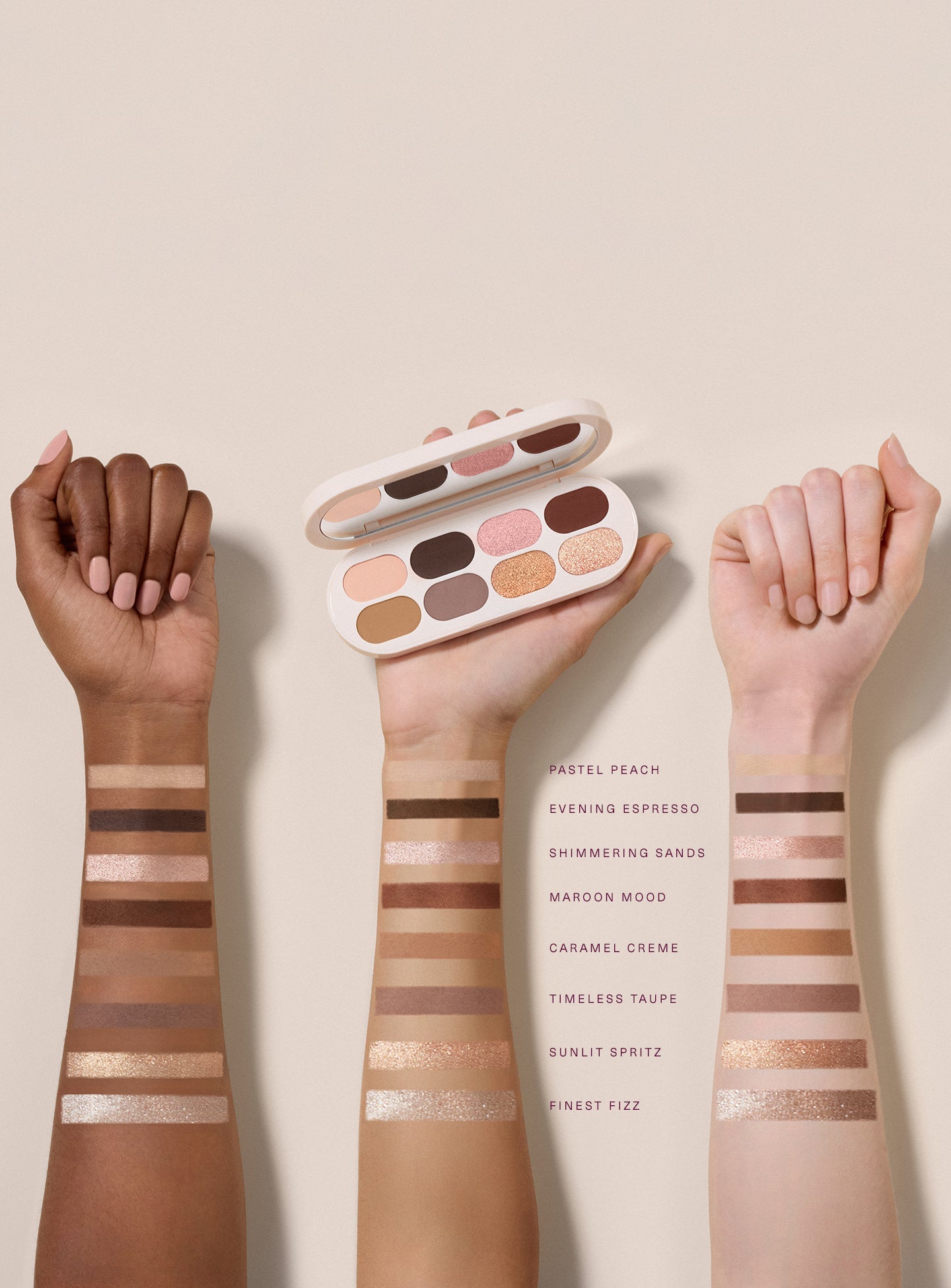 Rare Beauty's Essential Neutrals eyeshadow palette swatches on three different skin tones