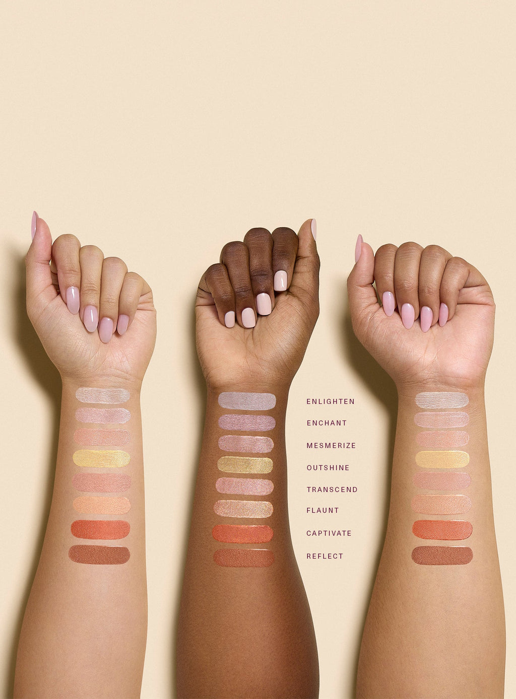 Swatches of every shade of Rare Beauty's Positive Light Liquid Luminizer on three arms of different skin tones.