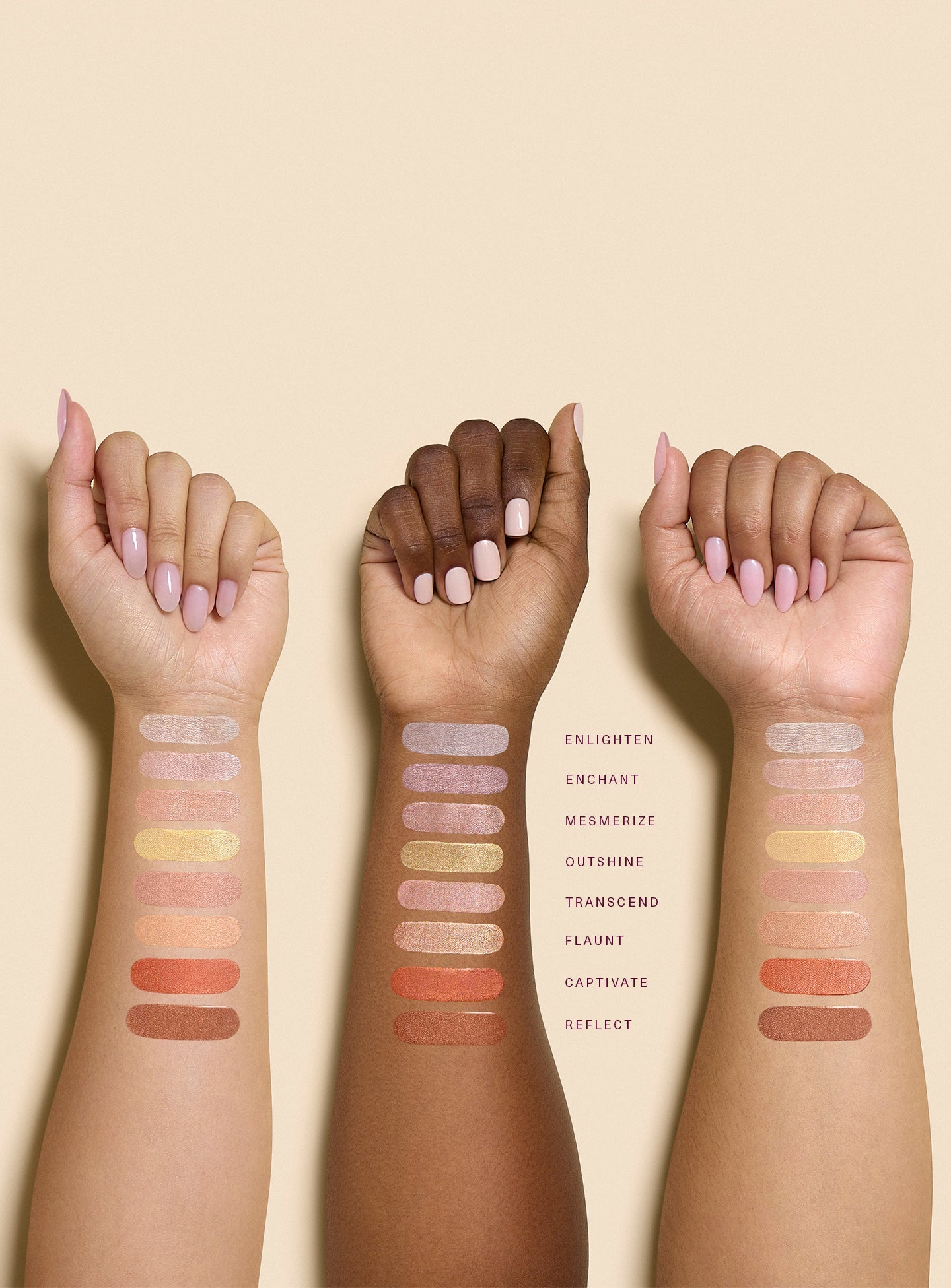 Swatches of every shade of Rare Beauty's Positive Light Liquid Luminizer on three arms of different skin tones.