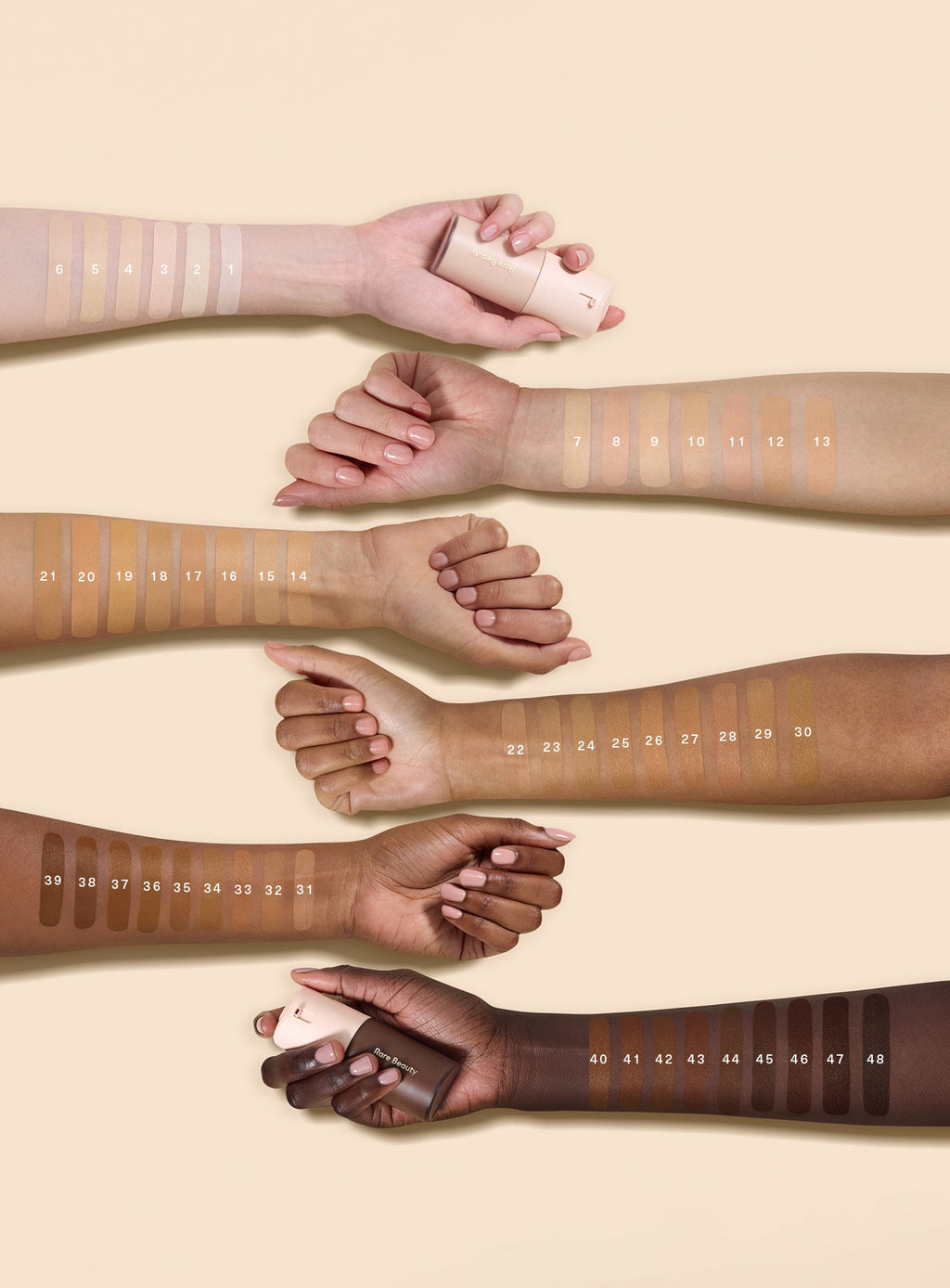 Rare Beauty True to Myself Natural Matte Longwear Foundation satches of 48 different shades on 6 different models