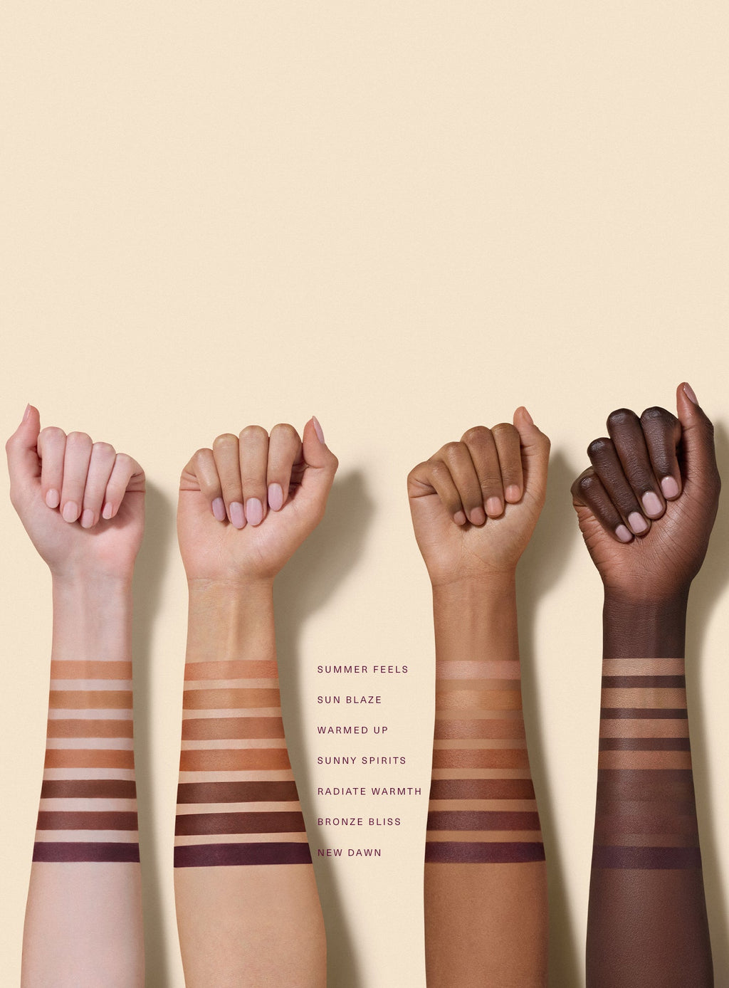 Four models with different skin colors odel Rare Beauty Warm Wishes Soft Matte Powder Bronzer swatches in Summer Feels, Sun Blaze, Warmed Up, Sunny Spirits, Radiate Warmth, Bronze Bliss, and New Dawn