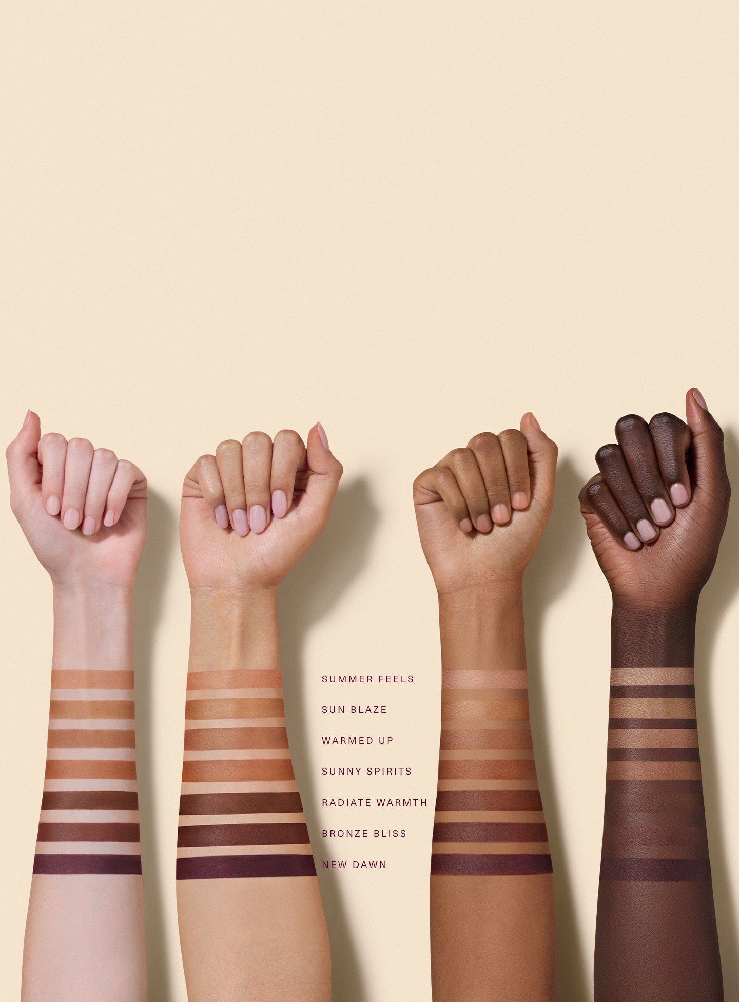 Four models with different skin colors odel Rare Beauty Warm Wishes Soft Matte Powder Bronzer swatches in Summer Feels, Sun Blaze, Warmed Up, Sunny Spirits, Radiate Warmth, Bronze Bliss, and New Dawn