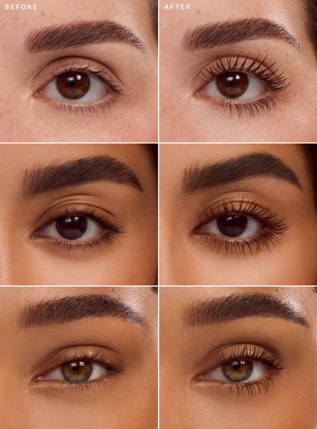 Three models with different skin tones before and after comparison of Rare Beauty Perfect Strokes Universal Volumizing Mascara in brown shade