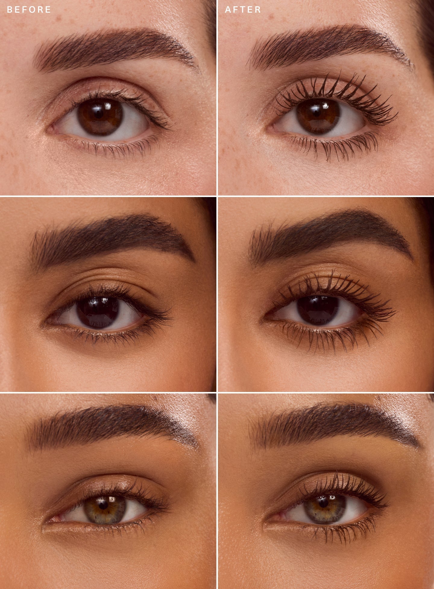 Three models with different skin tones before and after comparison of Rare Beauty Perfect Strokes Universal Volumizing Mascara in brown shade