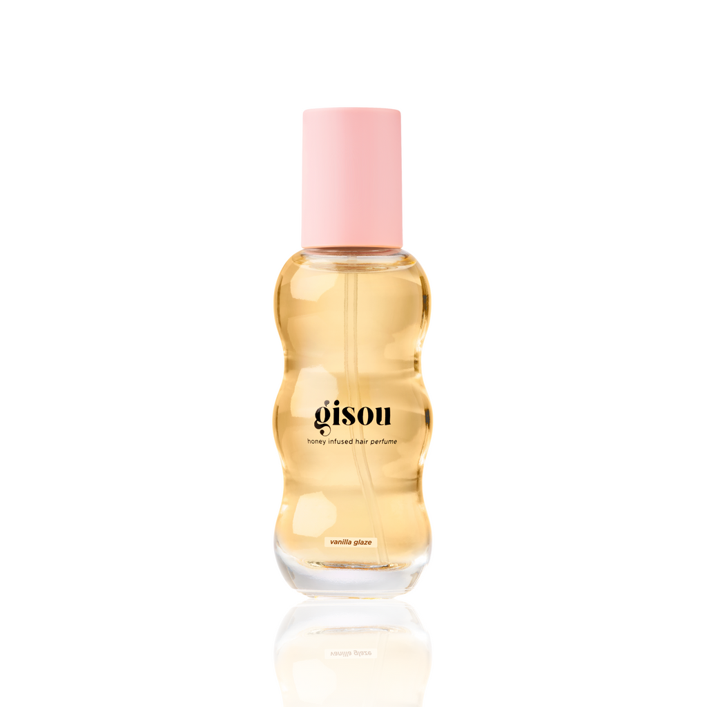 Gisou Honey Infused Hair Perfume in Vanilla Glaze 15ml on white background with pink cap.