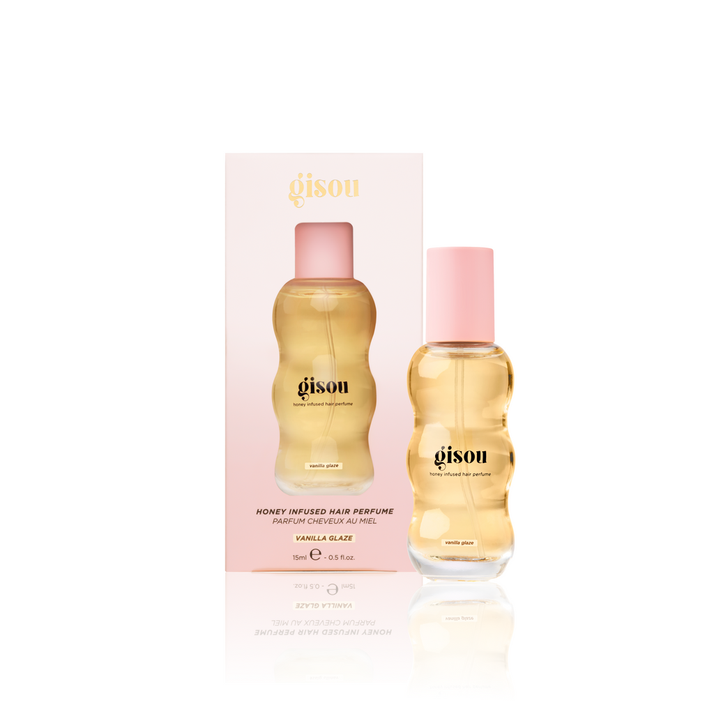 Gisou Honey Infused Hair Perfume Vanilla Glaze with product box packaging, on a white background.