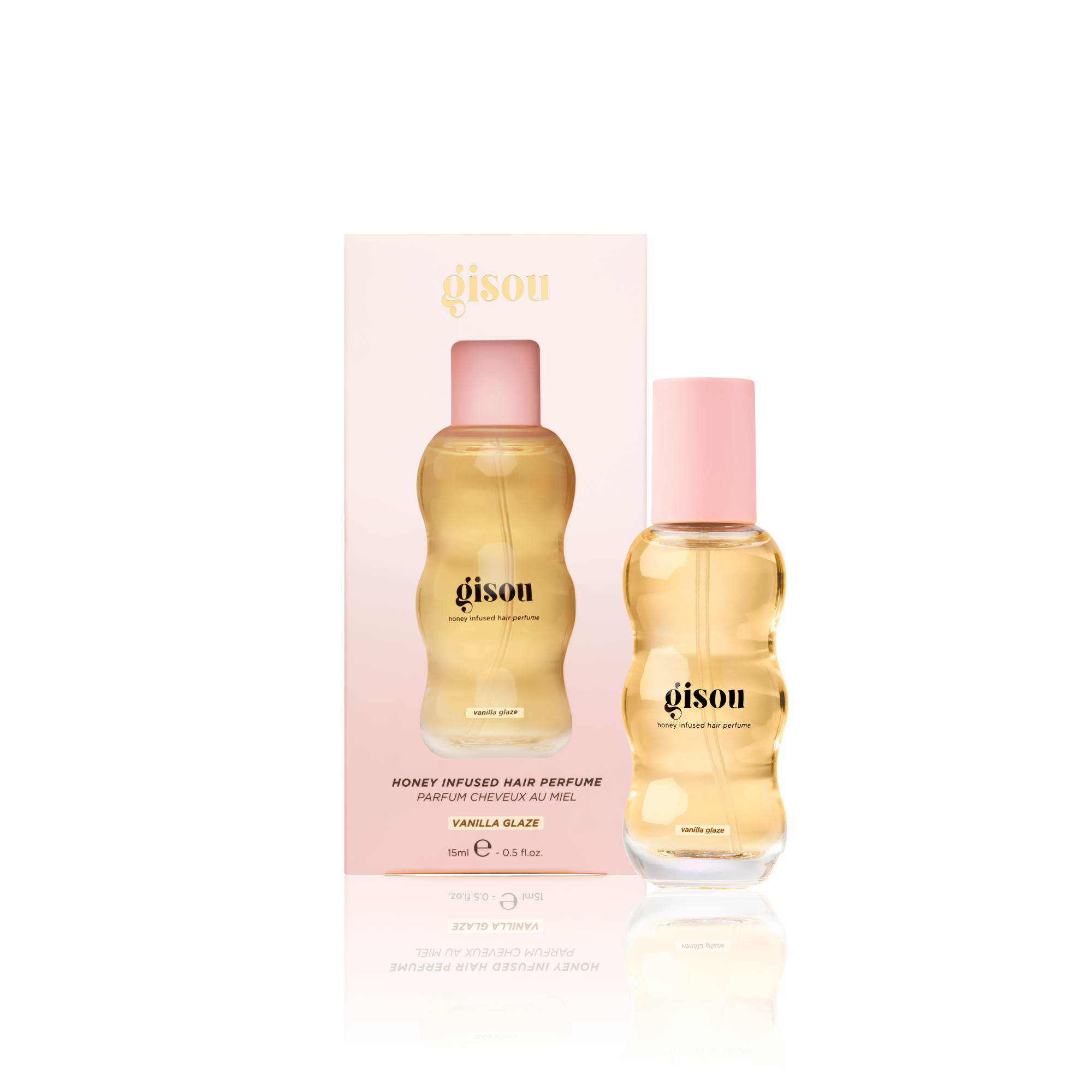 Gisou Honey Infused Hair Perfume Vanilla Glaze with product box packaging, on a white background.