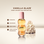 Gisou Honey Infused Hair Perfume Vanilla Glaze highlighting hydration, nourishment, shine and long-lasting fragrance benefits.