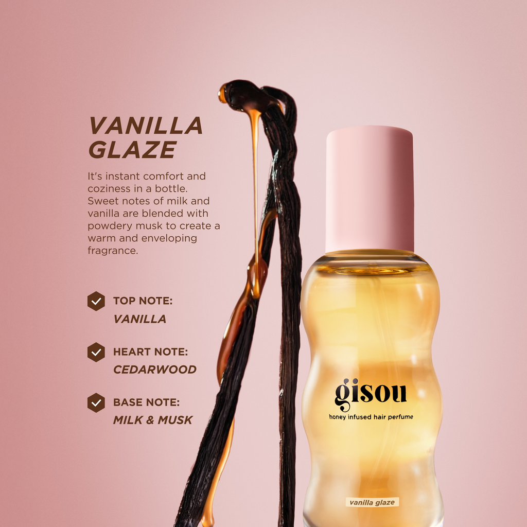 Gisou Honey Infused Hair Perfume Vanilla Glaze with vanilla pods and scent notes: vanilla, cedarwood, milk and musk.