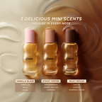 Three Gisou mini hair perfumes: Vanilla Glaze, Sticky Toffee and Milky Mocha with scent notes displayed.