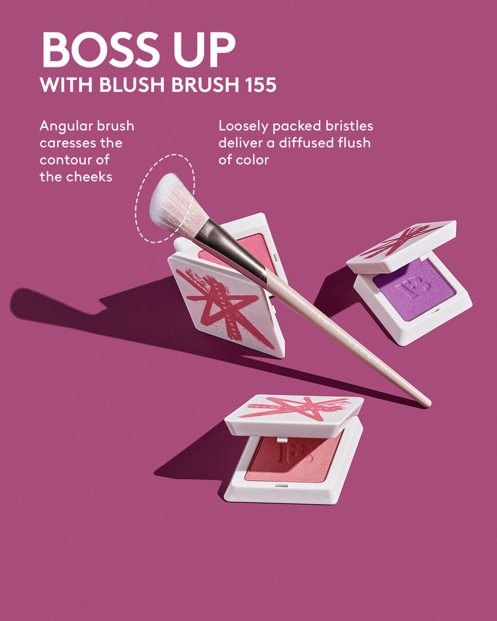 Boss up with Blush Brush 155. Angular brush caresses the contour of the cheeks. Loosely packed bristles deliver a diffused flush of color.