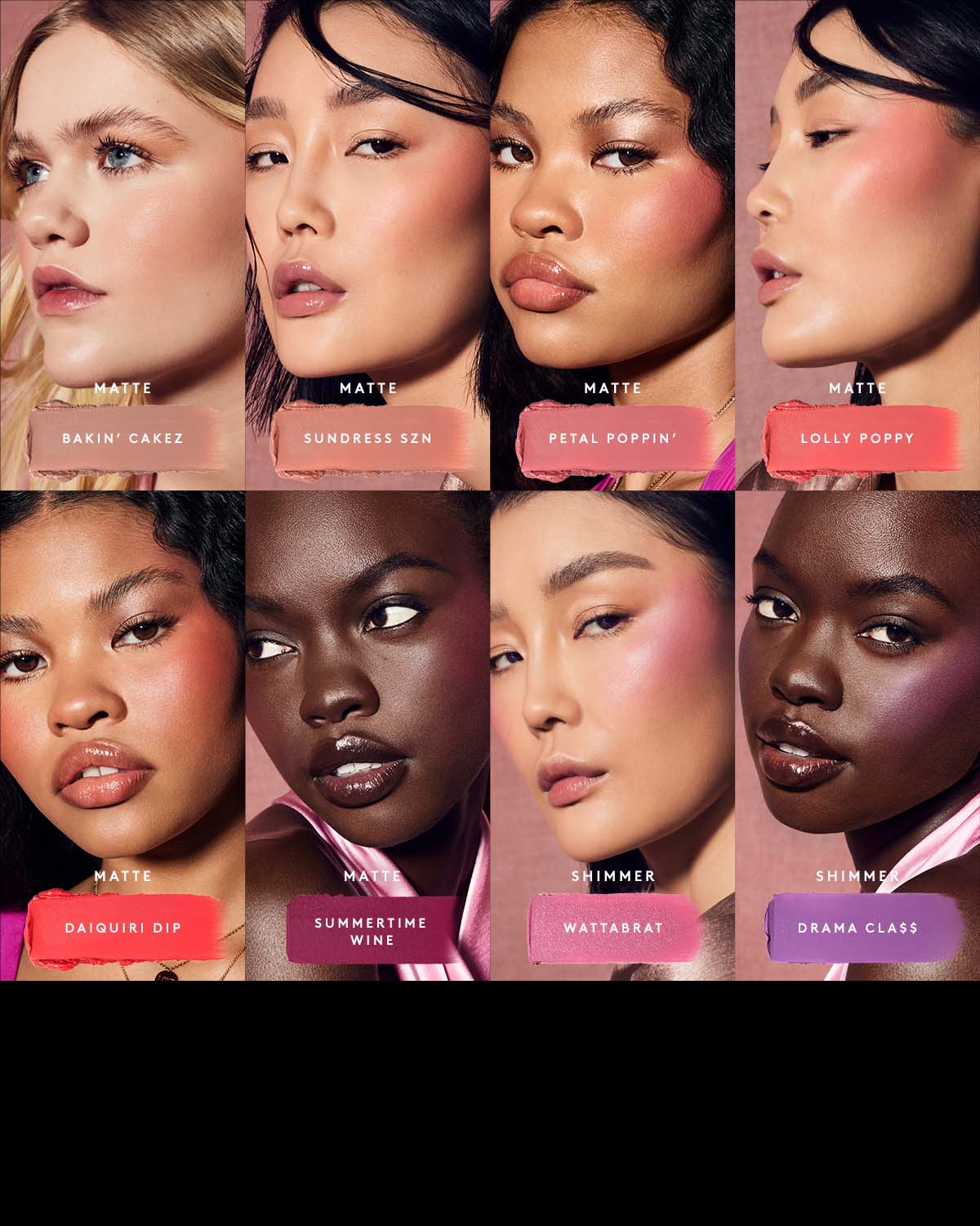 Shade grid of Models wearing Fenty Cheeks Suede Powder Blush.