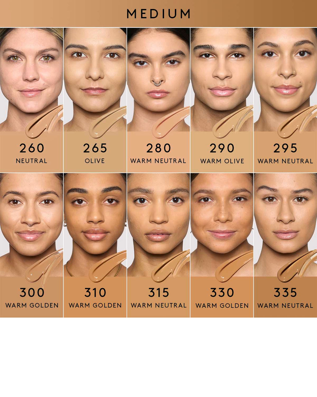 medium shade infographic showing 8 different shades of foundation on medium skin tones