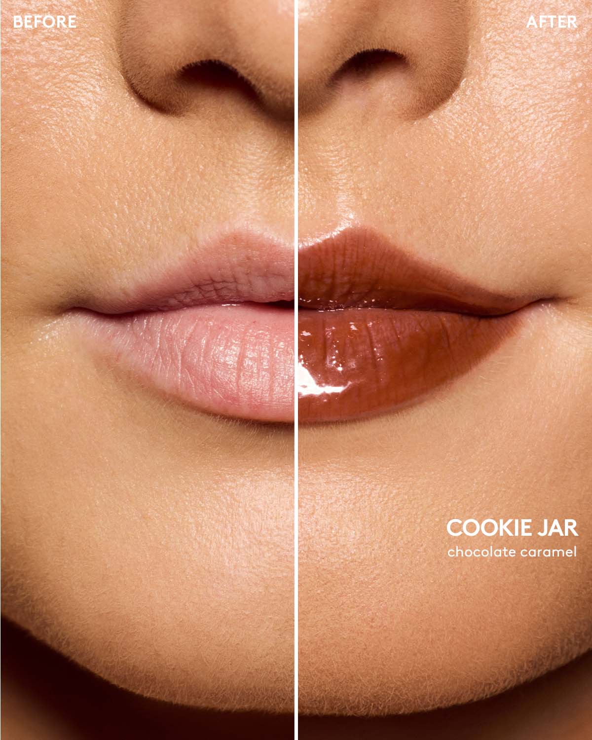 before and after of light skin toned model wearing gloss bomb color drip lip cream in shade cookie jar