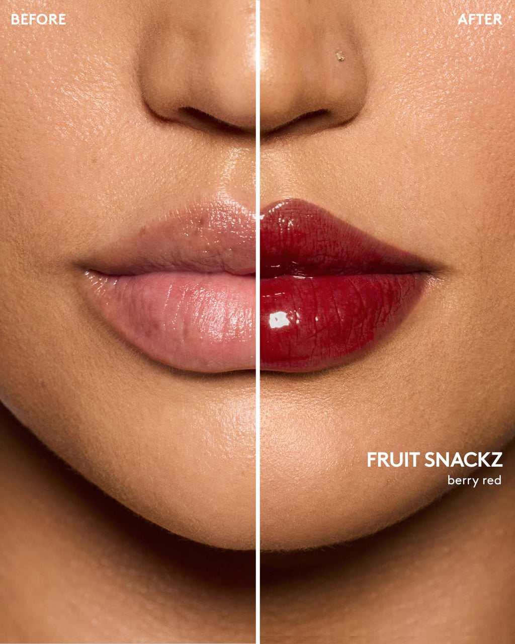before and after of medium skin toned model wearing gloss bomb color drip lip cream in shade fruit snackz