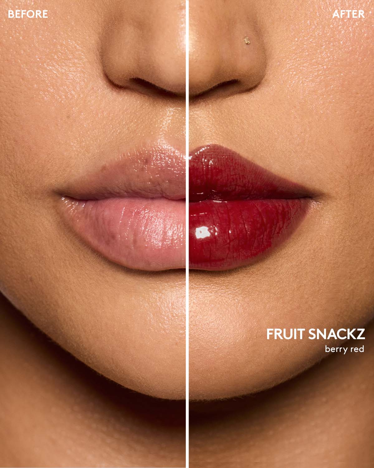 before and after of medium skin toned model wearing gloss bomb color drip lip cream in shade fruit snackz